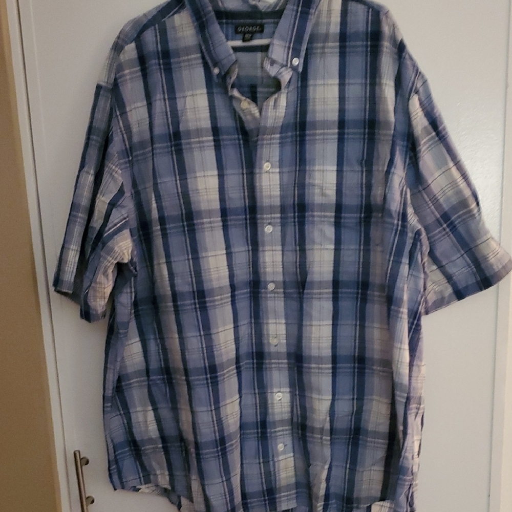 George Men's Casual Blue and White Plaid Shirt